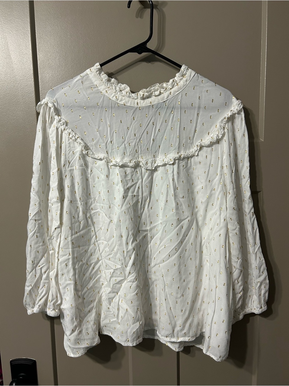 Draper James RSVP White Cream Ruffled Yoke Blouse with Gold Dot Detail